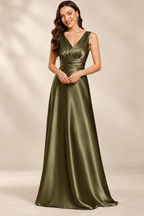 Full-length front view of the olive green V-neck ruched A-line evening gown
