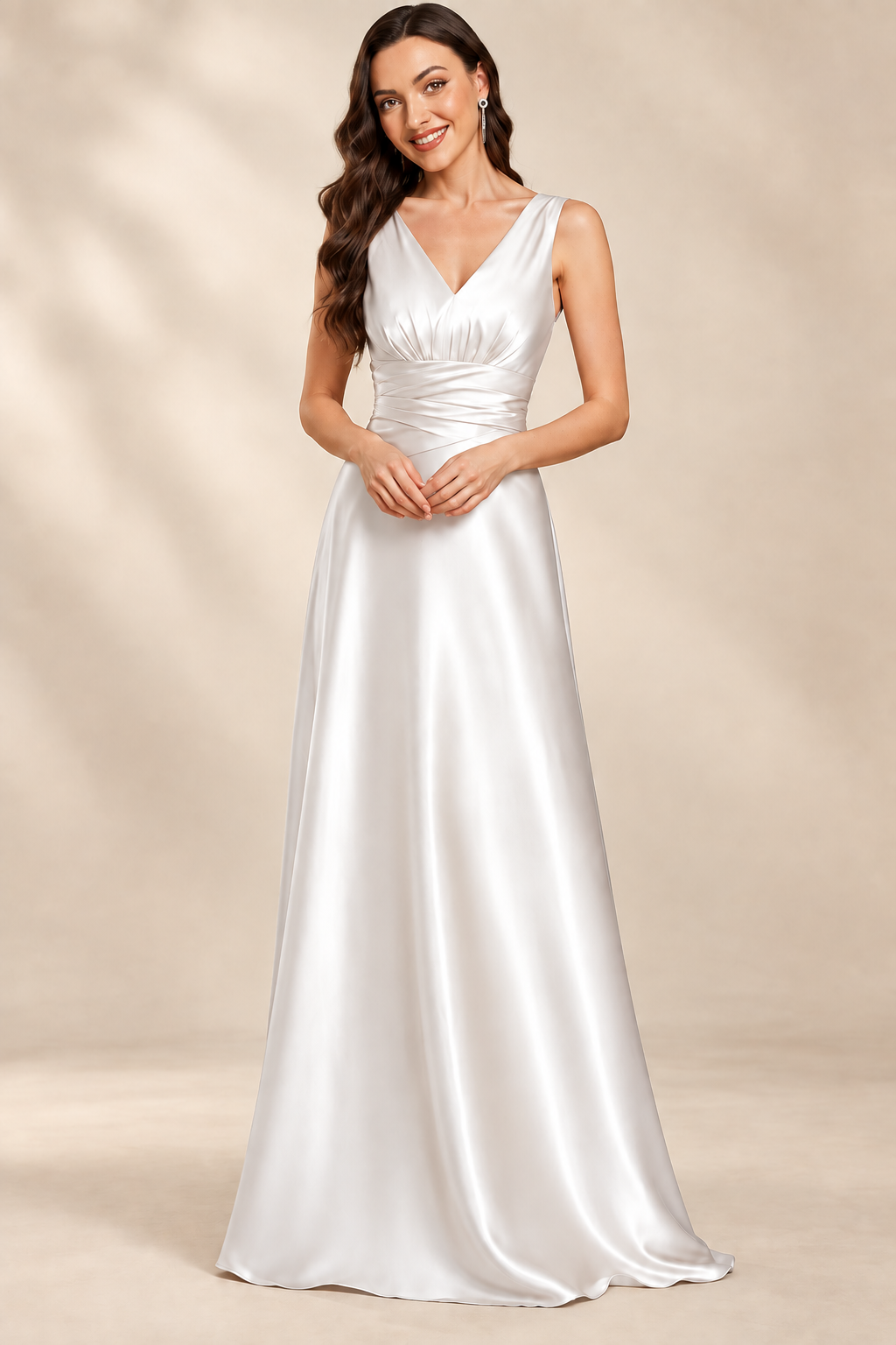 Full-length front view of the white V-neck ruched A-line evening gown
