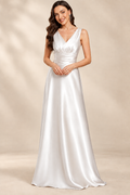Full-length front view of the white V-neck ruched A-line evening gown