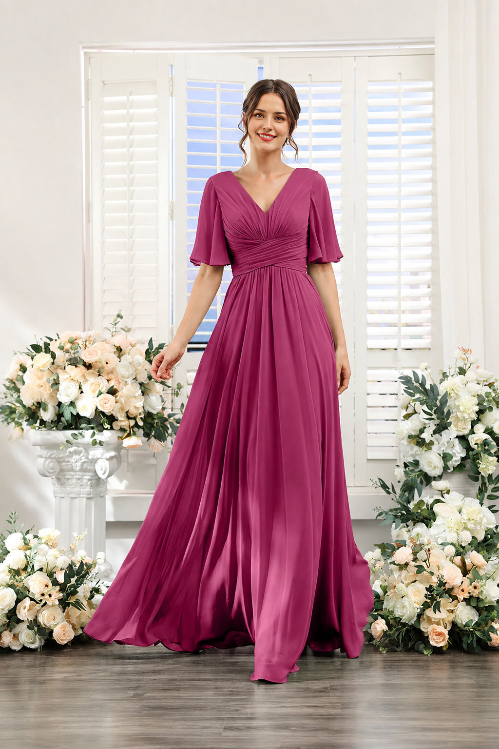 V-Neck Flutter Sleeve Ruched High-Slit Evening Gown