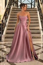 Strapless Ruched High-Slit A-Line Evening Gown