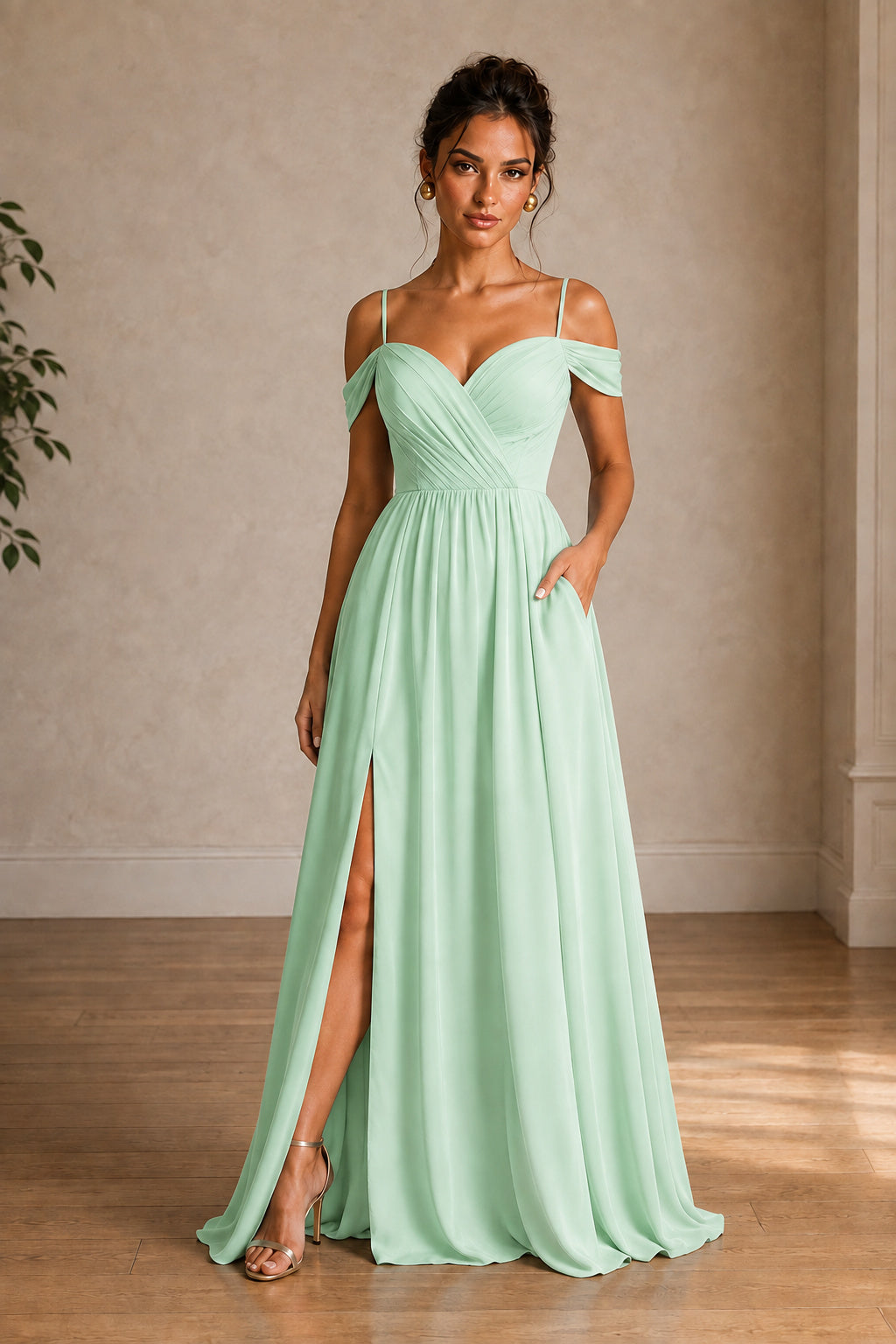 Off-Shoulder Ruched A-Line Evening Gown with Slit
