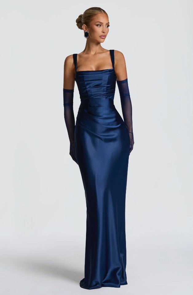 Navy blue square-neck evening gown with matching arm coverings, front view