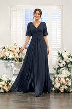 V-Neck Flutter Sleeve Ruched High-Slit Evening Gown