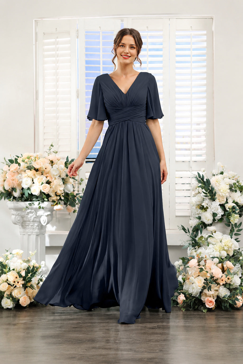 V-Neck Flutter Sleeve Ruched High-Slit Evening Gown