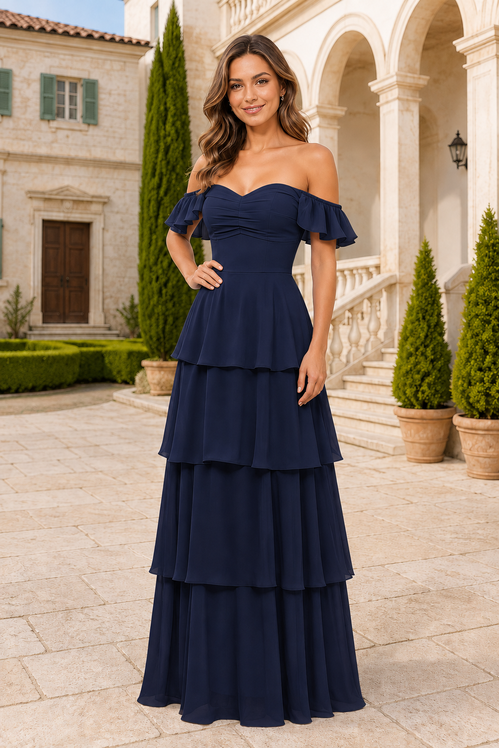 Ruffle-Sleeve Tiered Floor-Length Formal Gown