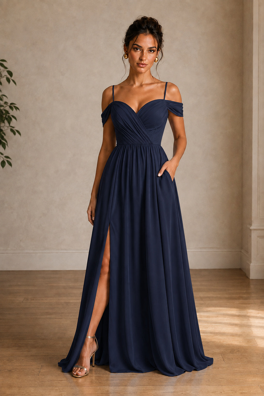 Off-Shoulder Ruched A-Line Evening Gown with Slit