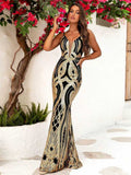 Luxurious Patterned Sequin Backless Party Gown
