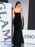Sultry Black Sequin Cut-Out Evening Gown with High Leg Slit new