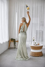 Asymmetric Draped Halter A-Line Evening Gown