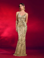Luxe Gold Sequin Floor-Length Fishtail Gown