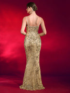 Luxe Gold Sequin Floor-Length Fishtail Gown
