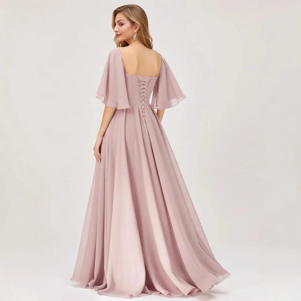 Sweetheart Neck Flutter Sleeve A-Line Evening Gown with Slit