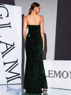 Sultry Black Sequin Cut-Out Evening Gown with High Leg Slit new