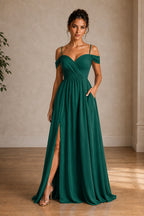 Off-Shoulder Ruched A-Line Evening Gown with Slit