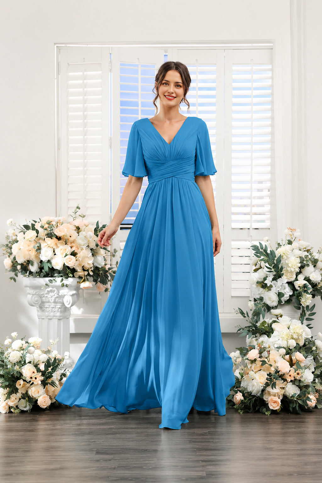 V-Neck Flutter Sleeve Ruched High-Slit Evening Gown