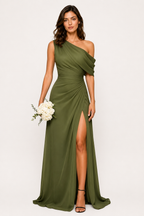 One-Shoulder Draped Ruched High-Slit Evening Gown