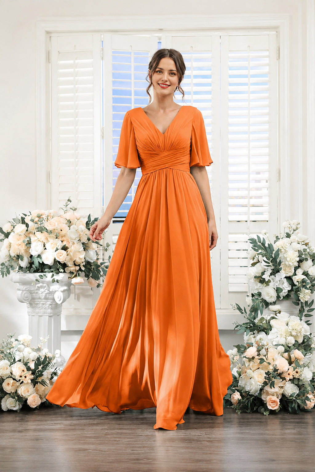 V-Neck Flutter Sleeve Ruched High-Slit Evening Gown