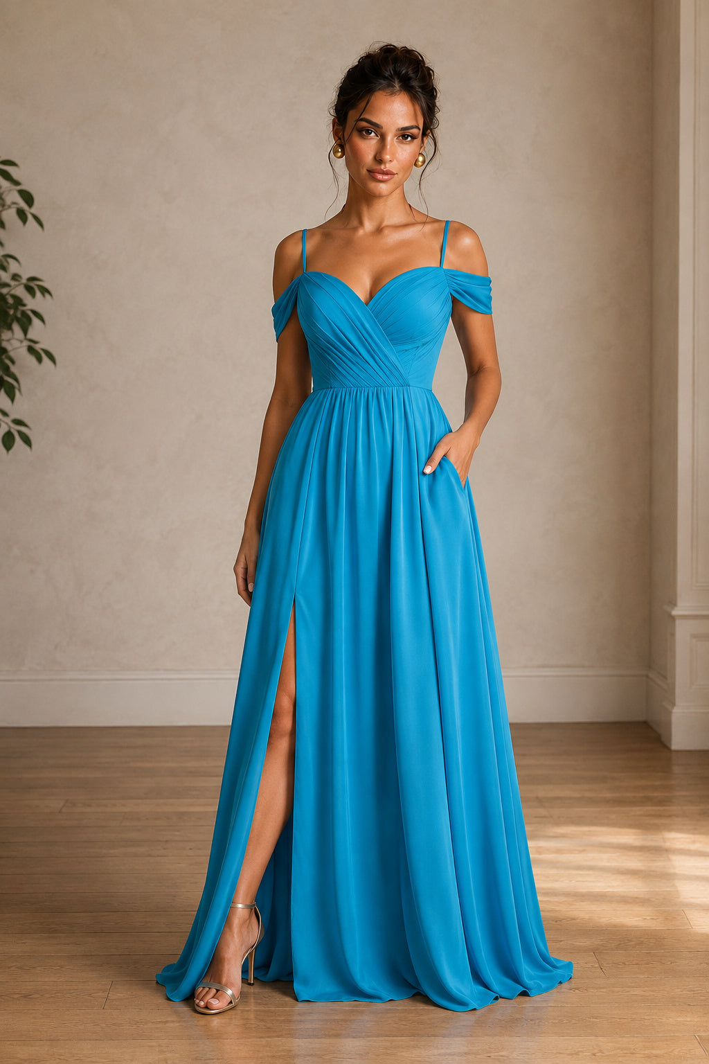 Off-Shoulder Ruched A-Line Evening Gown with Slit