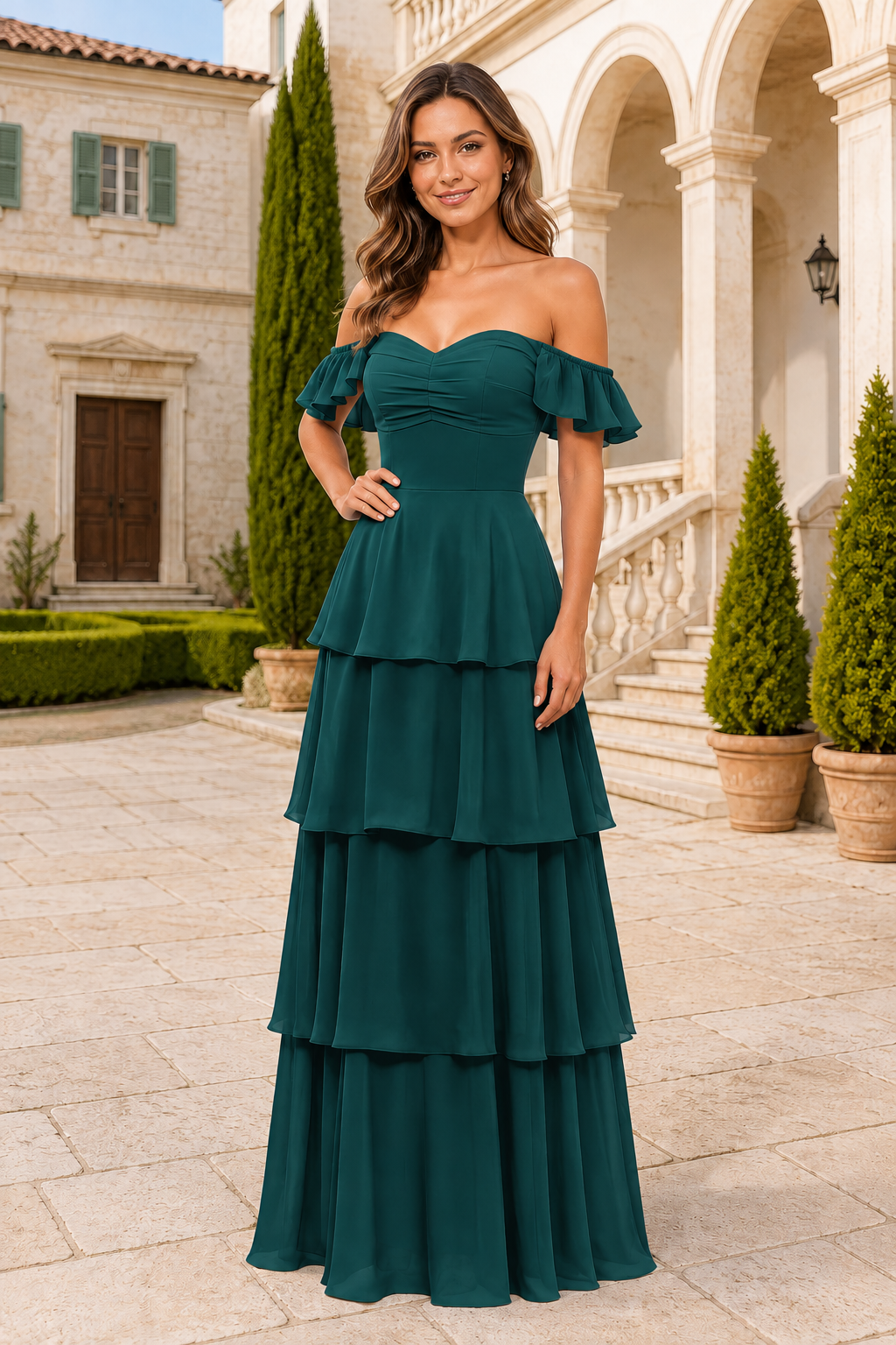 Ruffle-Sleeve Tiered Floor-Length Formal Gown