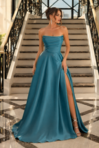Strapless Ruched High-Slit A-Line Evening Gown