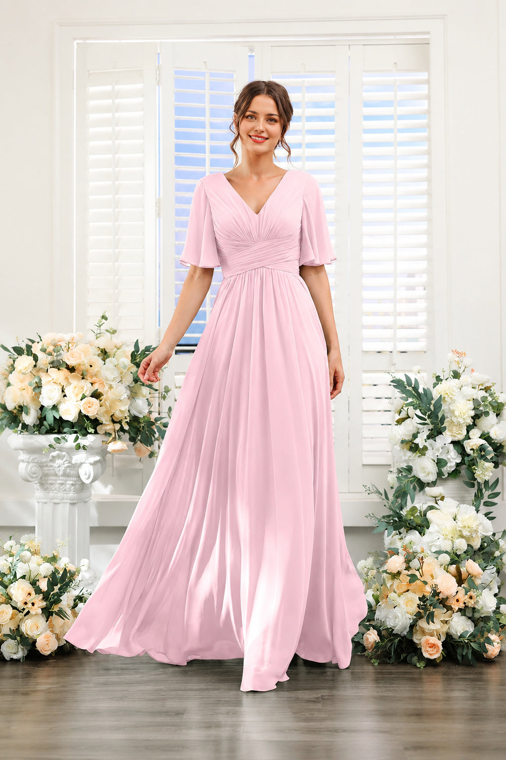V-Neck Flutter Sleeve Ruched High-Slit Evening Gown