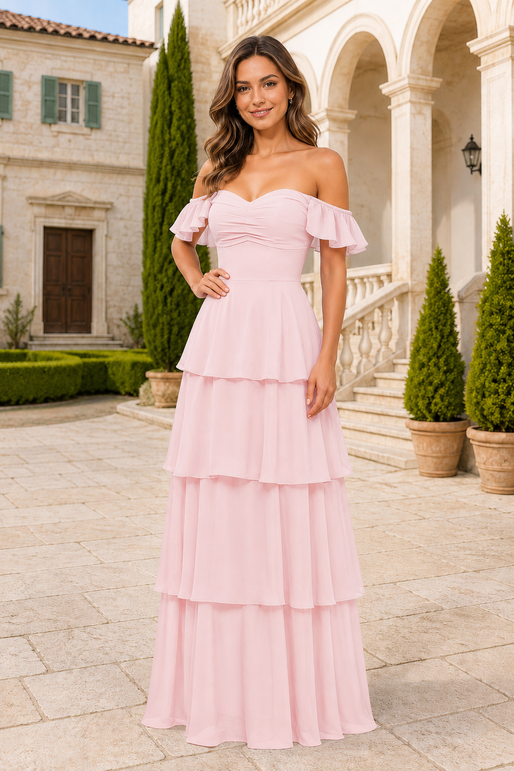 Ruffle-Sleeve Tiered Floor-Length Formal Gown