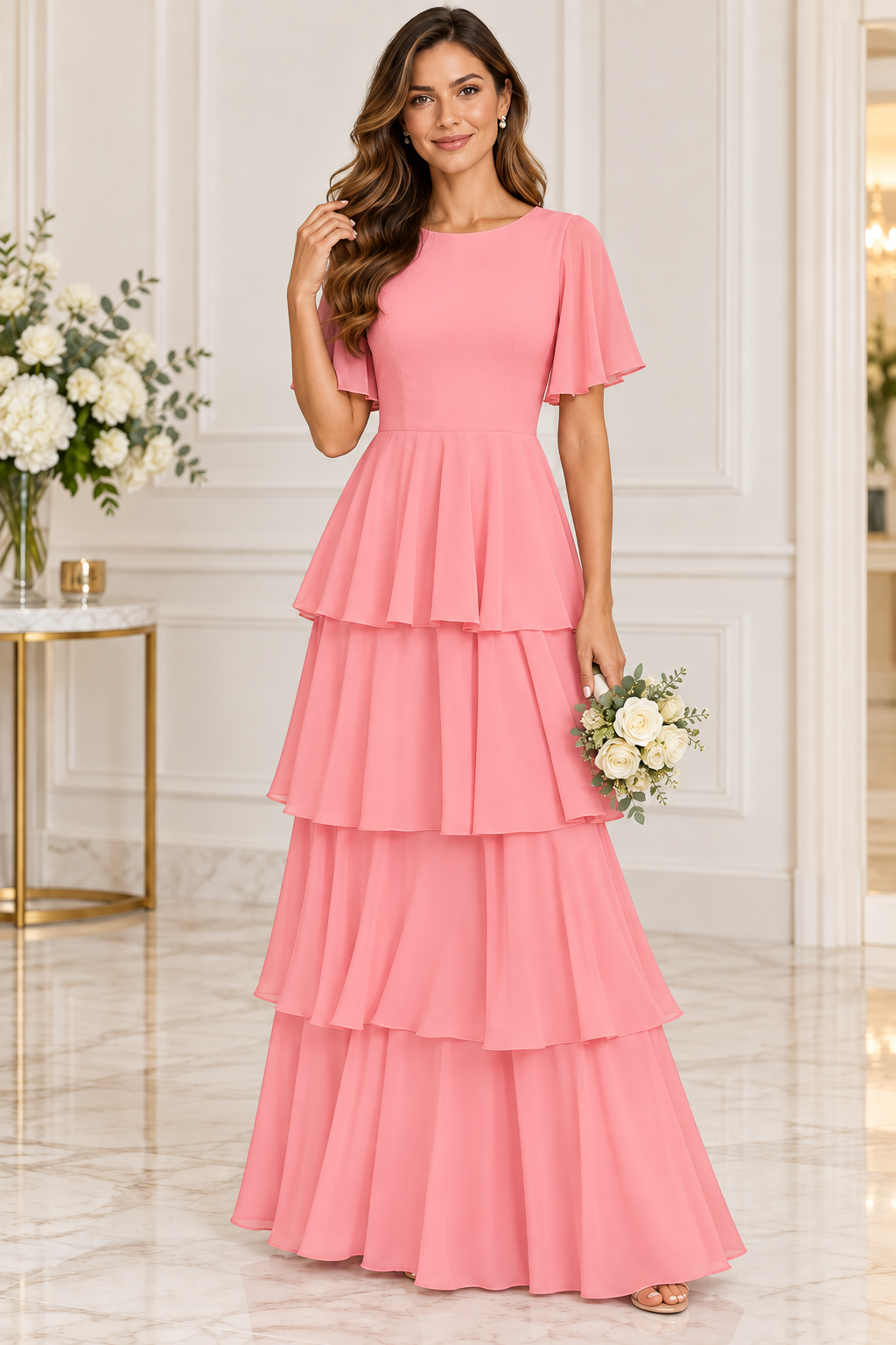 Flutter Sleeve Tiered Chiffon Formal Dress