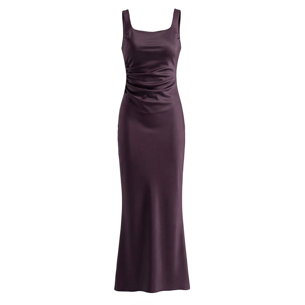 Plum square-neck fitted evening gown, front product view