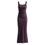 Plum square-neck fitted evening gown, front product view