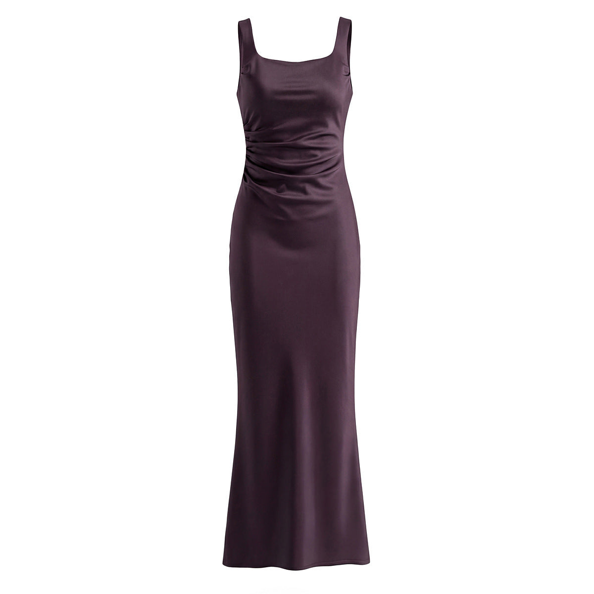 Plum square-neck fitted evening gown, front product view