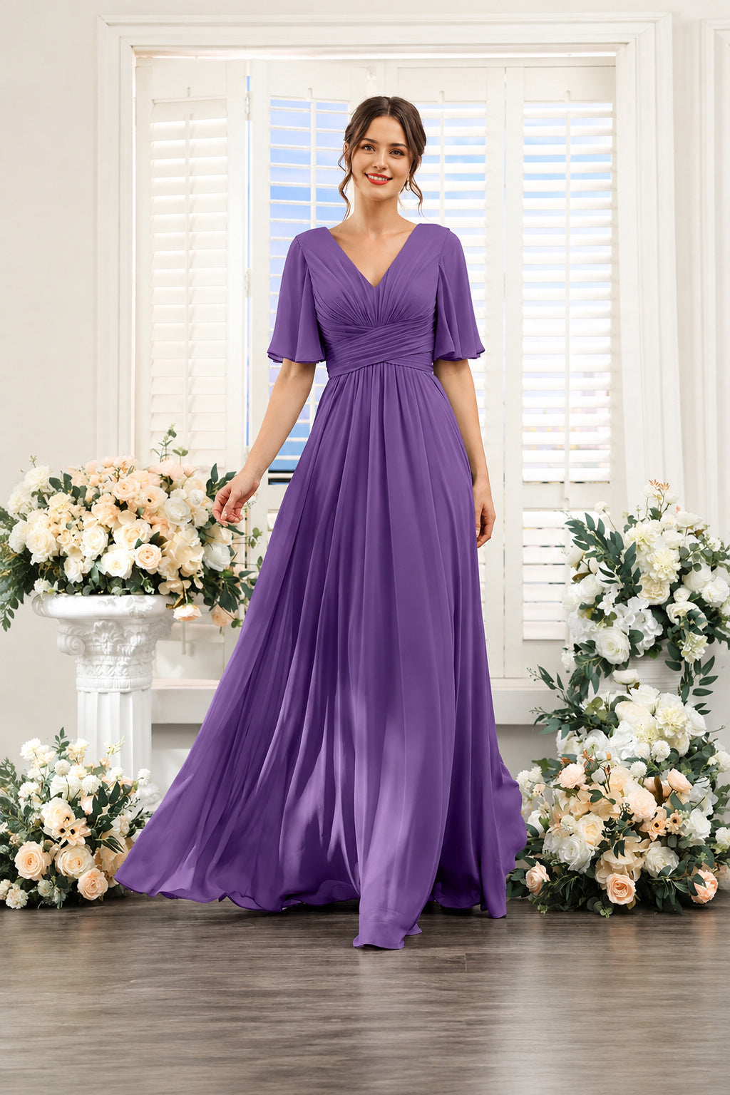 V-Neck Flutter Sleeve Ruched High-Slit Evening Gown