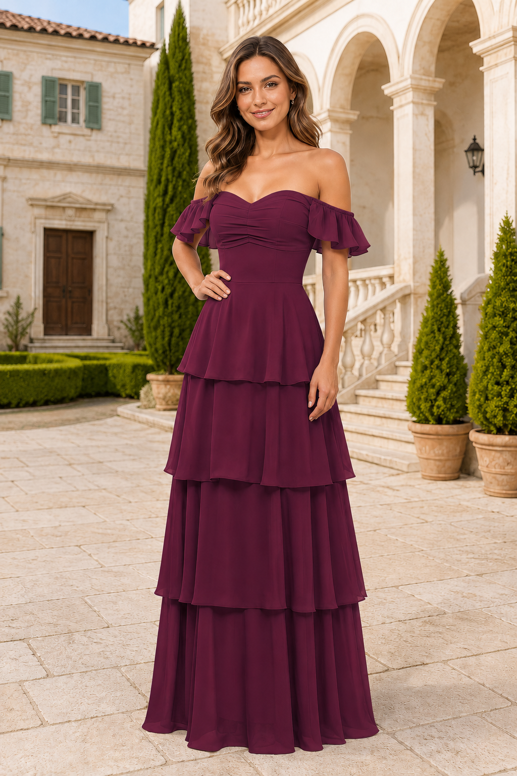 Ruffle-Sleeve Tiered Floor-Length Formal Gown