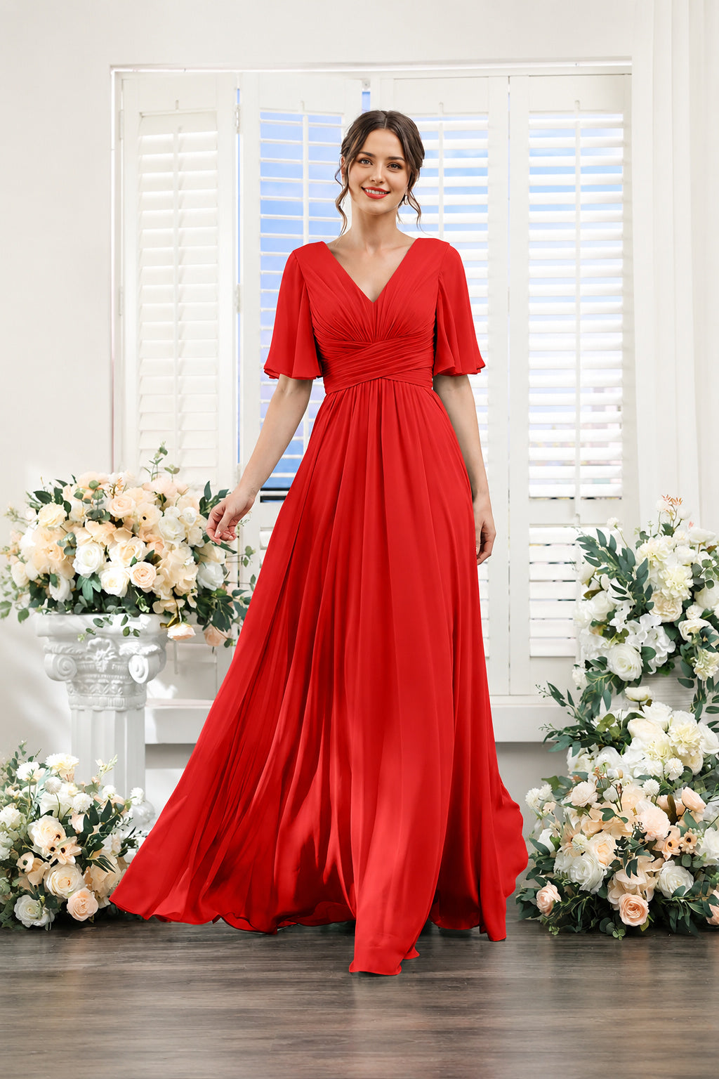 V-Neck Flutter Sleeve Ruched High-Slit Evening Gown