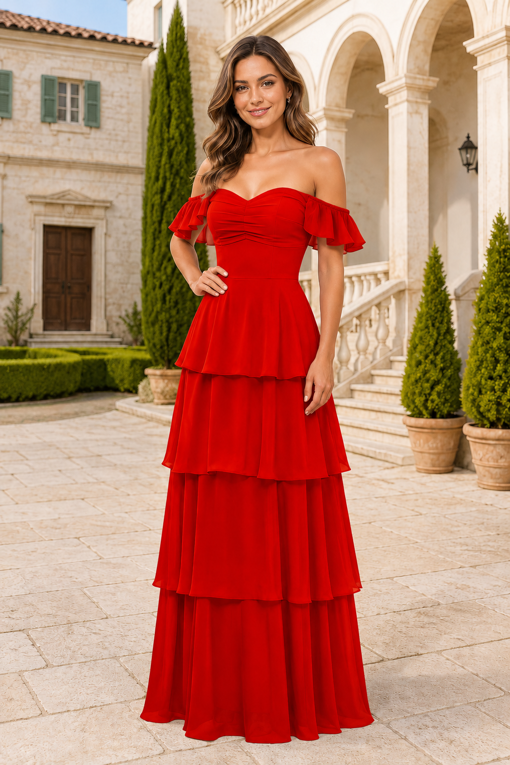 Ruffle-Sleeve Tiered Floor-Length Formal Gown
