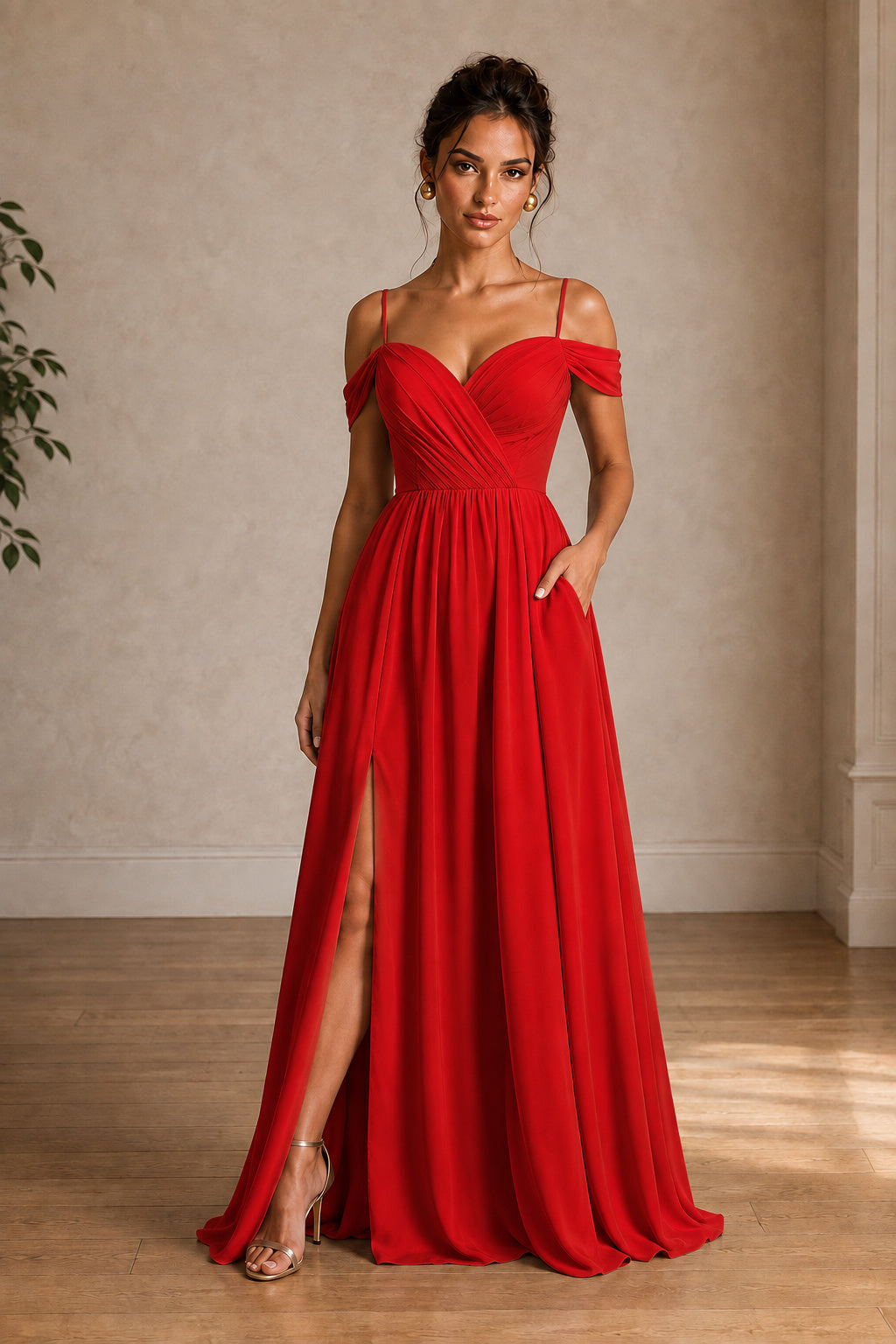Off-Shoulder Ruched A-Line Evening Gown with Slit