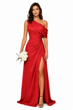 One-Shoulder Draped Ruched High-Slit Evening Gown