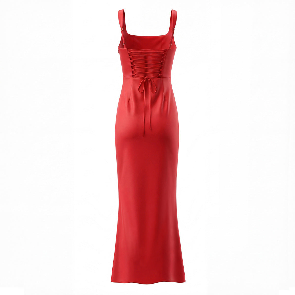 Red gown, back product view with lace-up bodice