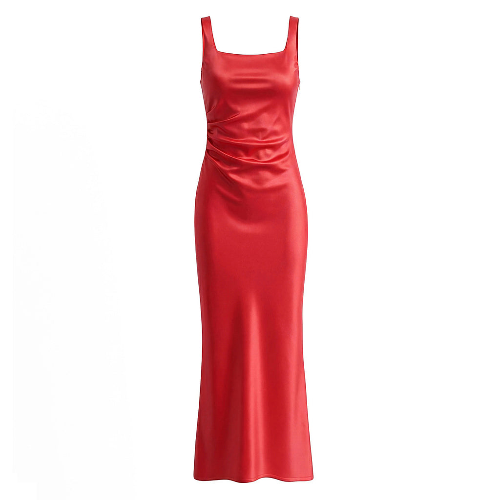 Red square-neck fitted evening gown, front product view