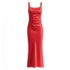Red square-neck fitted evening gown, front product view