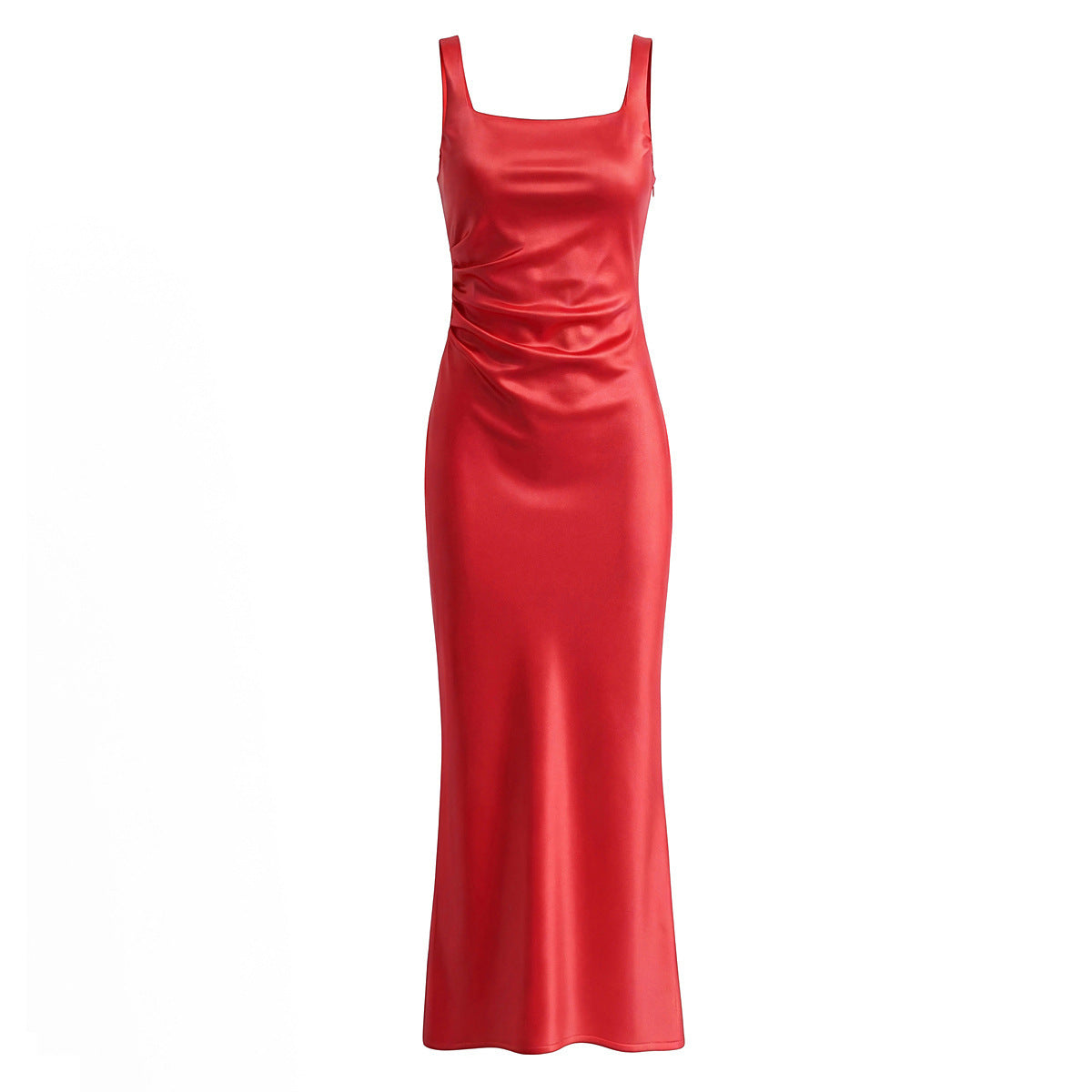 Red square-neck fitted evening gown, front product view