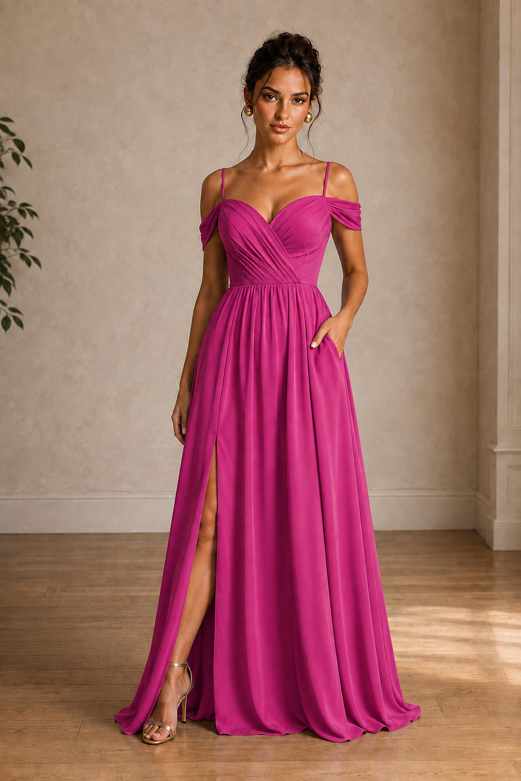 Off-Shoulder Ruched A-Line Evening Gown with Slit