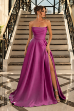 Strapless Ruched High-Slit A-Line Evening Gown