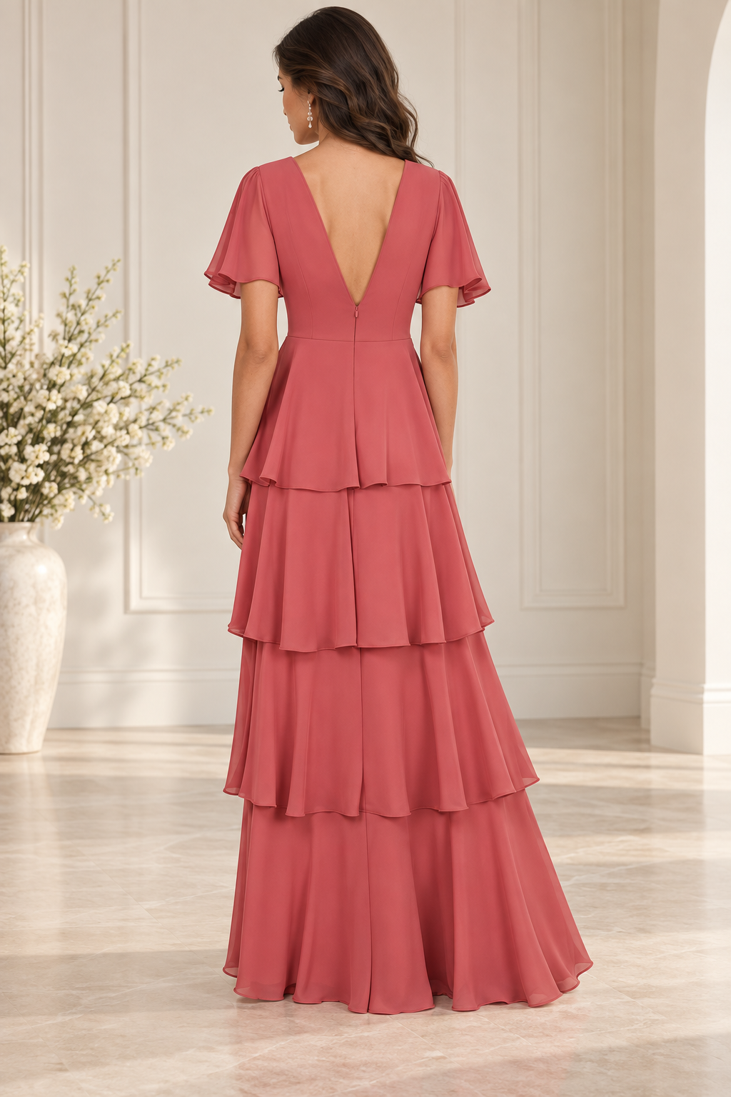 Flutter Sleeve Tiered Chiffon Formal Dress