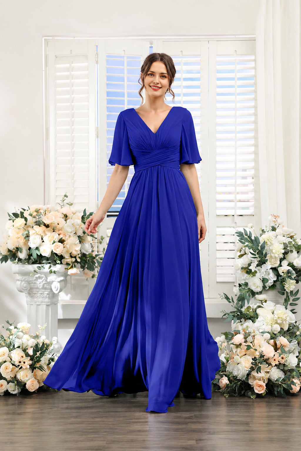V-Neck Flutter Sleeve Ruched High-Slit Evening Gown