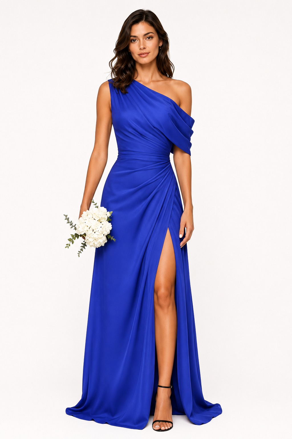 One-Shoulder Draped Ruched High-Slit Evening Gown