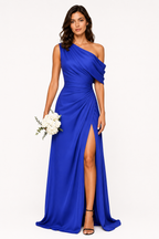 One-Shoulder Draped Ruched High-Slit Evening Gown