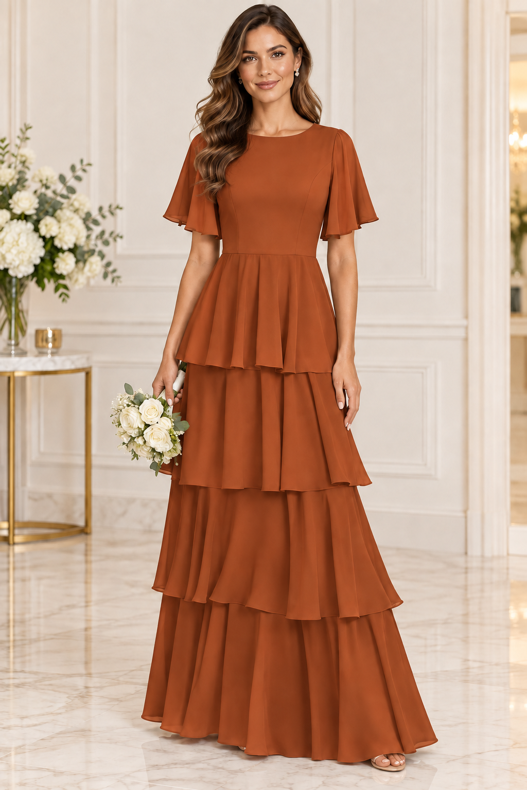 Flutter Sleeve Tiered Chiffon Formal Dress