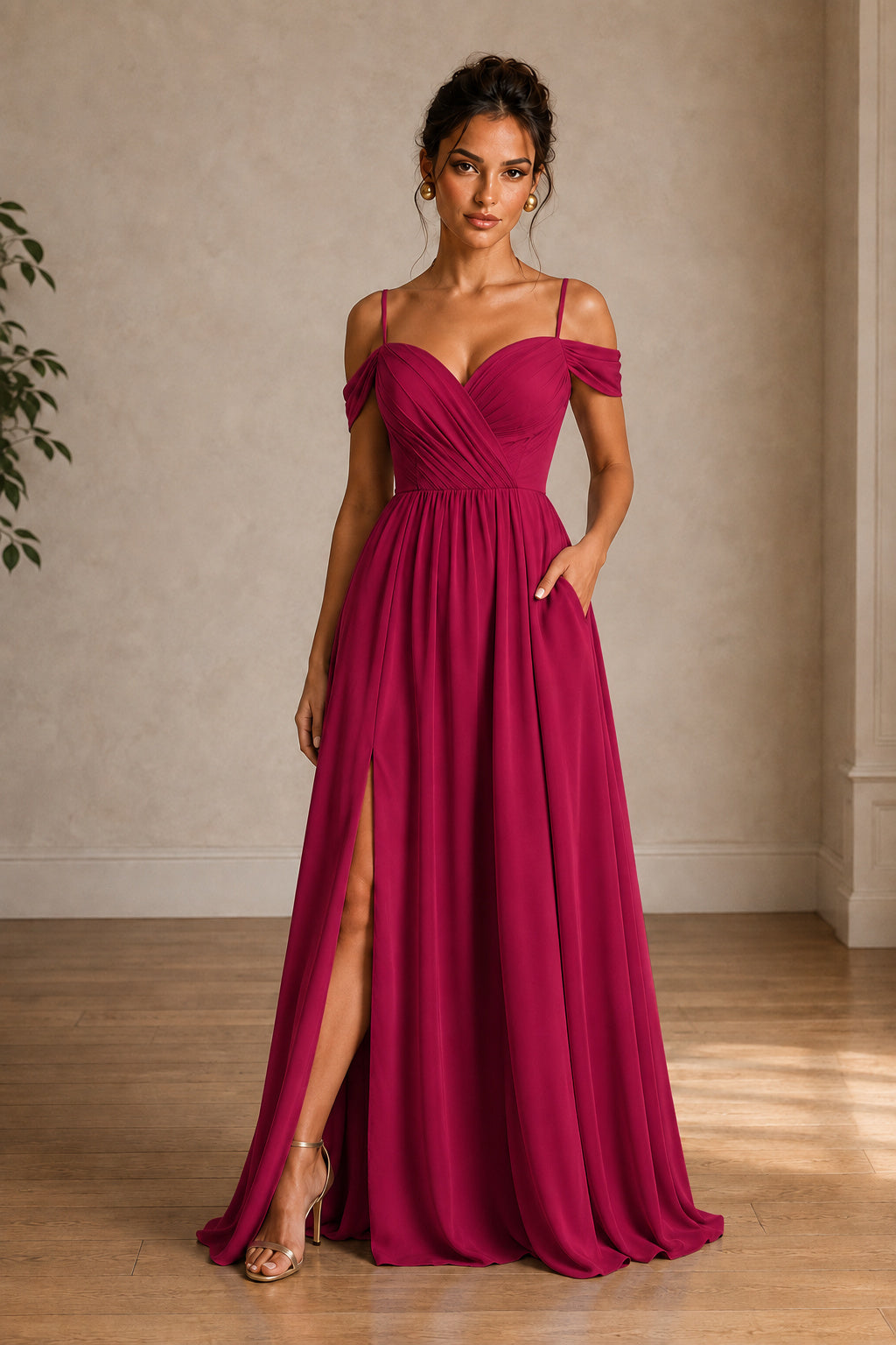 Off-Shoulder Ruched A-Line Evening Gown with Slit