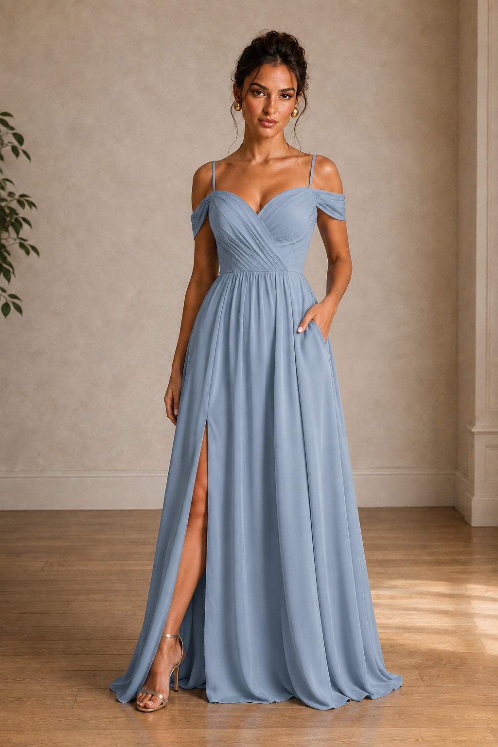 Off-Shoulder Ruched A-Line Evening Gown with Slit